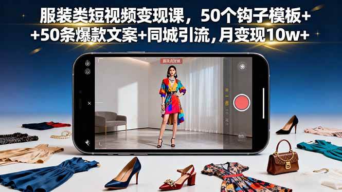 (10.7)服装类短视频变现课，50个钩子模板+50条爆款文案+同城引流，月变现10w+